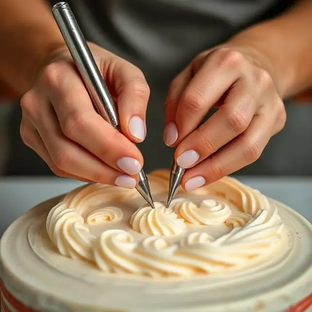 Close up of hands piping intricate frosting details.