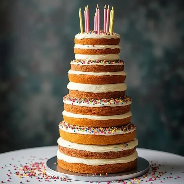 Stacking layers of a tall celebration cake.